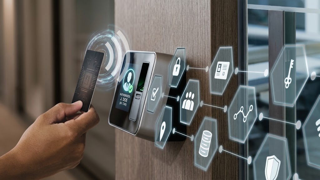A key card held up to a wall-mounted access control reader on an office door