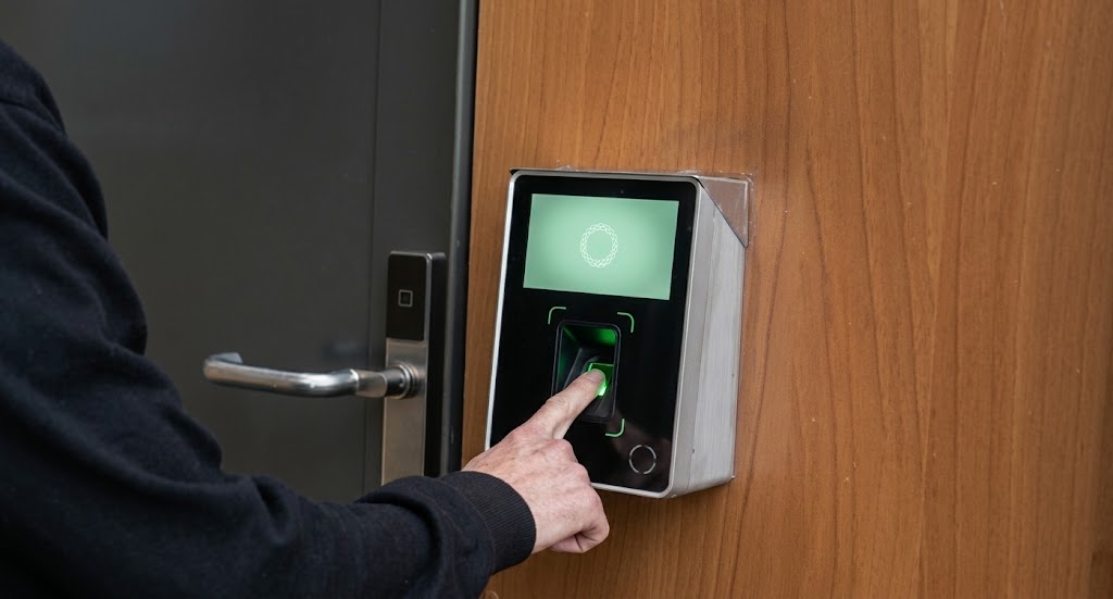 A finger pressing the fingerprint scanner on an electronic access control reader mounted beside a door handle
