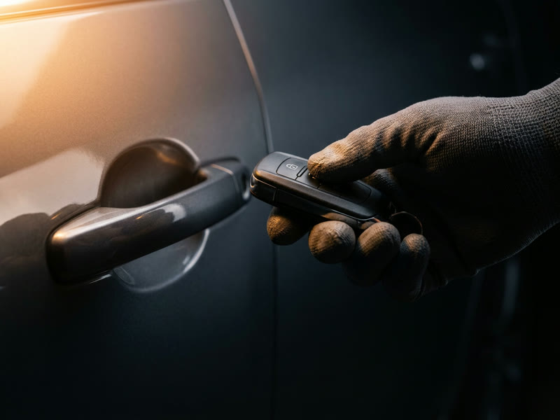 Key fob held beside a car door handle, automotive locksmith service