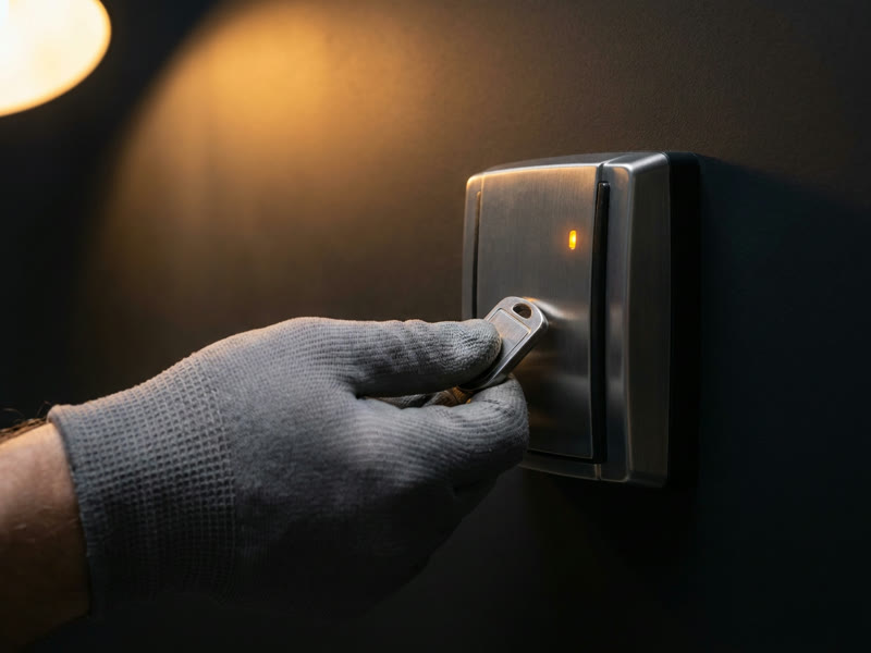 A gloved hand presenting a fob to a wall-mounted access control reader, commercial locksmith service