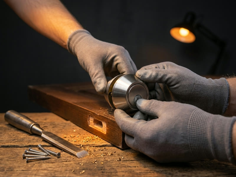 Deadbolt being installed into a door edge, residential locksmith service