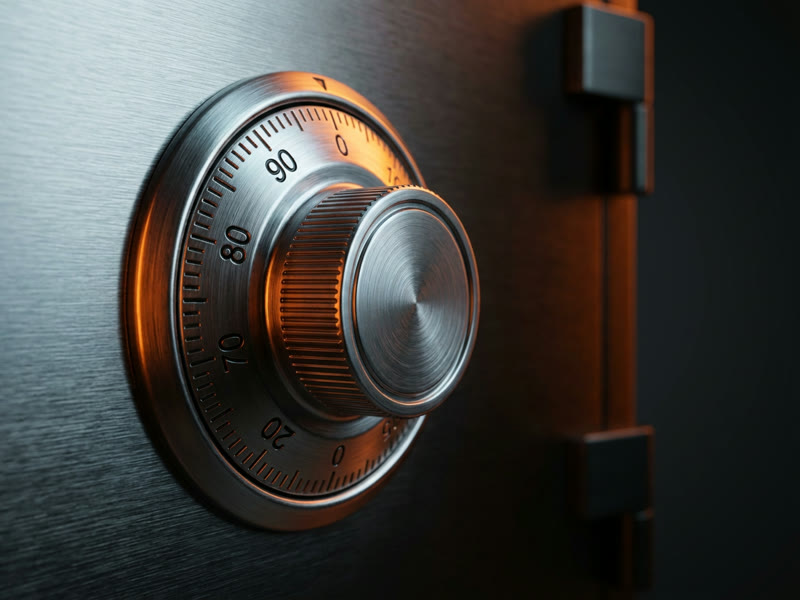 A brushed steel combination dial on a heavy safe door, government safe certified locksmith
