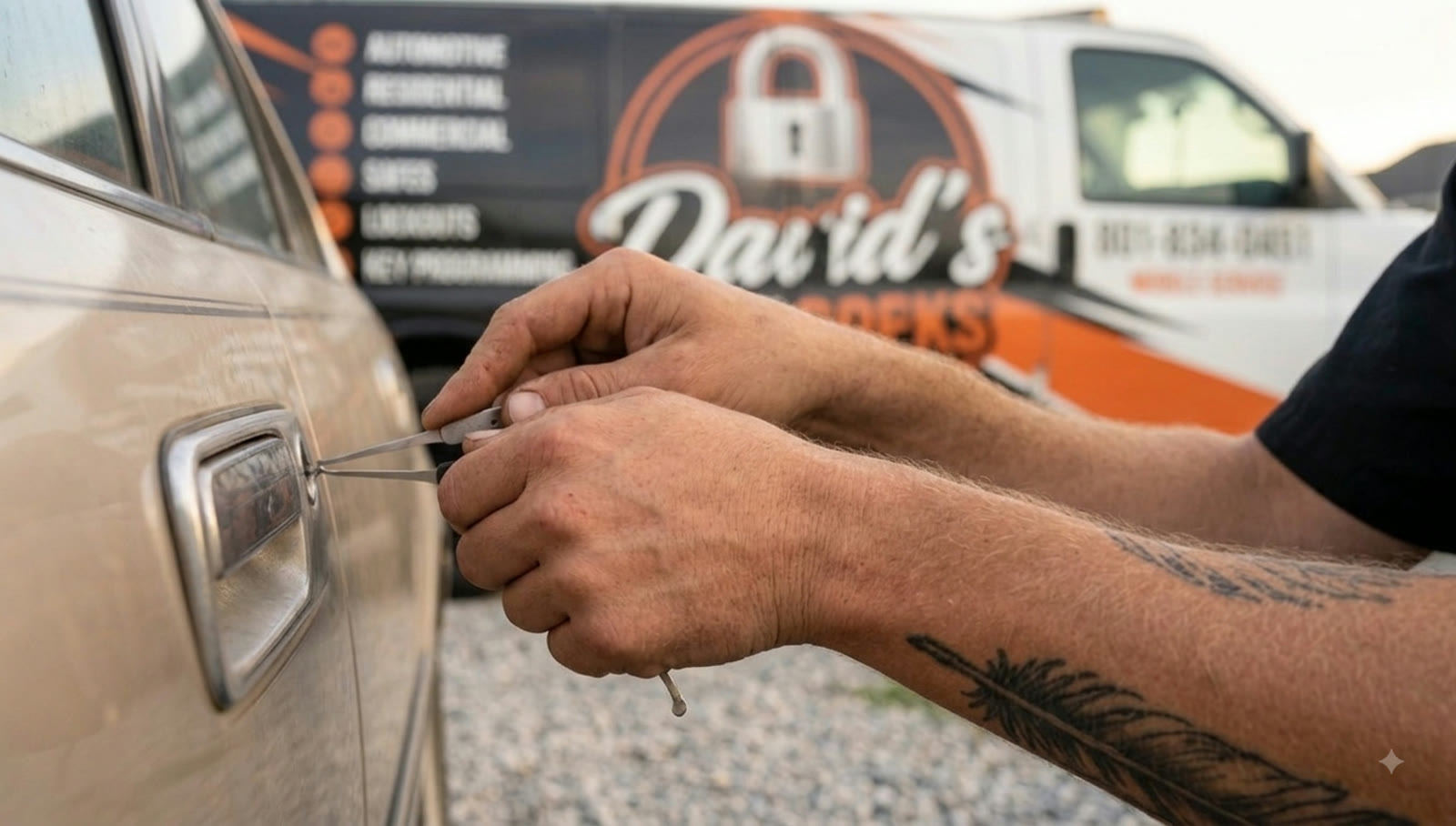 Hands picking a car door lock with the David's Lock and Key van in the background, automotive locksmith service