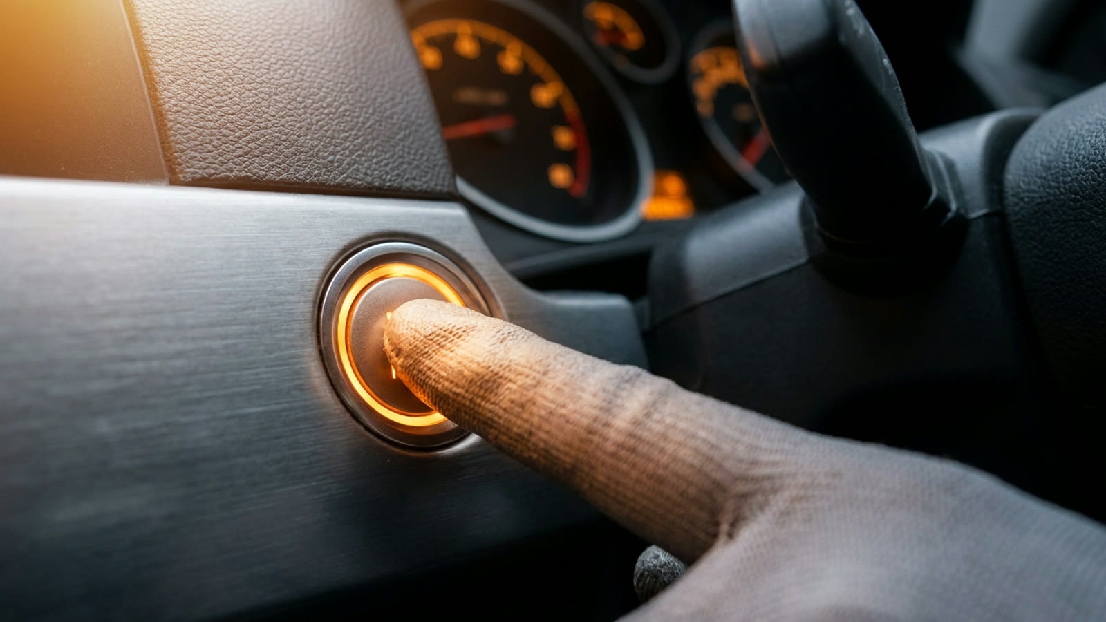A finger pressing a car's push-button ignition start on a dark dashboard after key fob programming