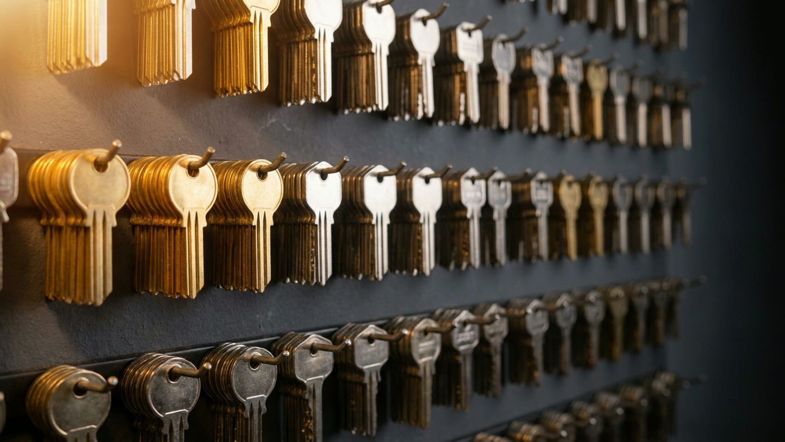 Rows of uncut brass and nickel key blanks hanging on a rack in the van