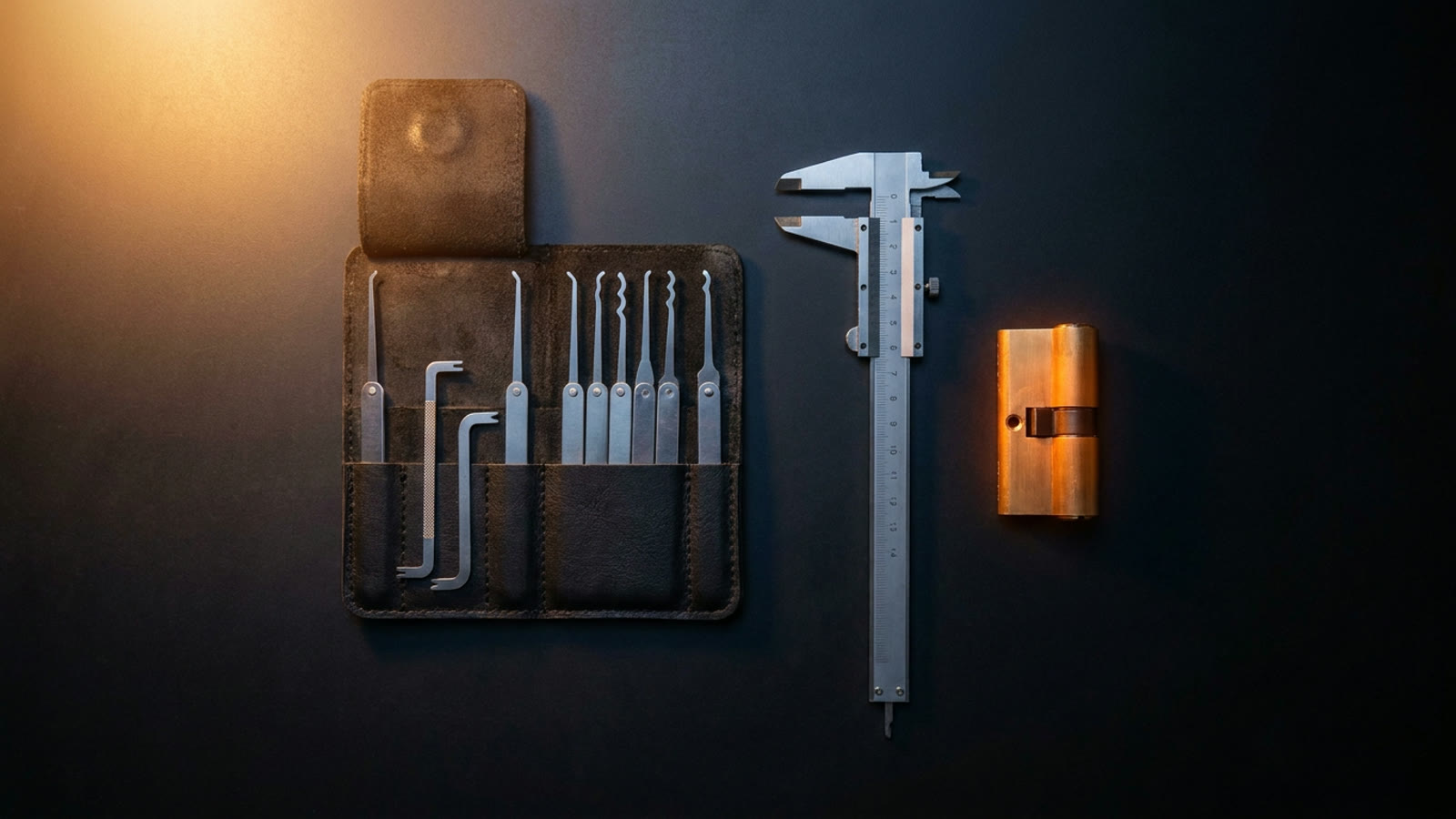 A locksmith's pick set, calipers and a cylinder laid out on dark steel, the toolkit that travels on long-distance runs