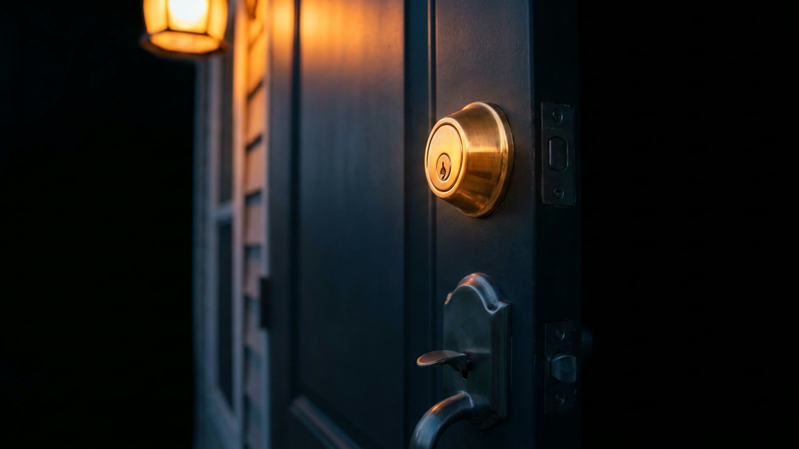 A residential front door at dusk with the brass deadbolt sharp in focus