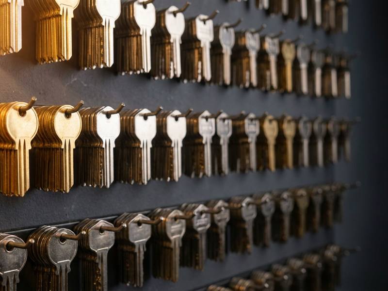 Uncut brass and nickel key blanks hanging in rows on the rack inside the van
