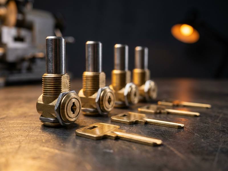 A row of small brass cabinet cam locks standing on a workbench with their flat keys laid out in front