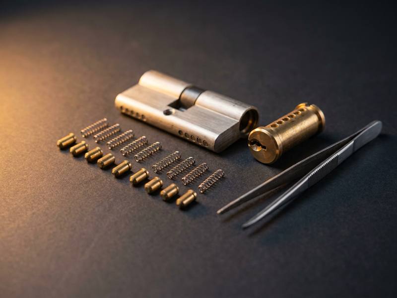 A brass lock cylinder lying on dark steel with its brass pins and springs laid out in a row beside it