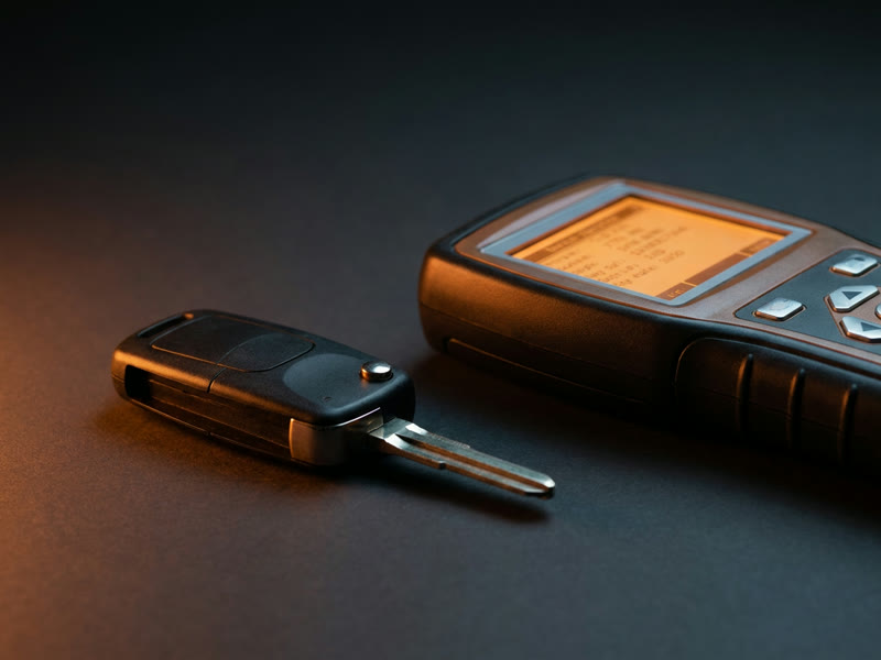 A transponder chip key beside a handheld key programming tool, transponder and fob programming