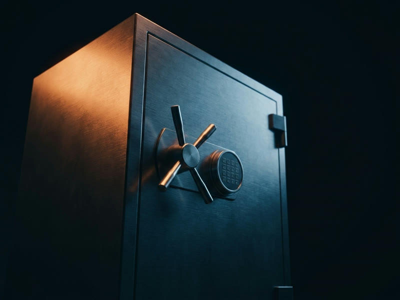 A large steel gun safe standing in a dim room with one light raking across its finish