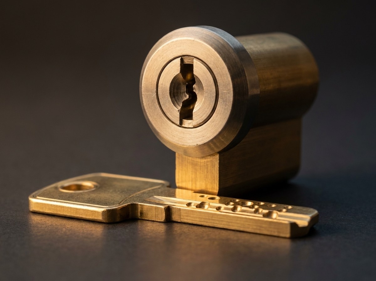 A high security lock cylinder with a restricted keyway beside its matching dimple key, high security lock installation