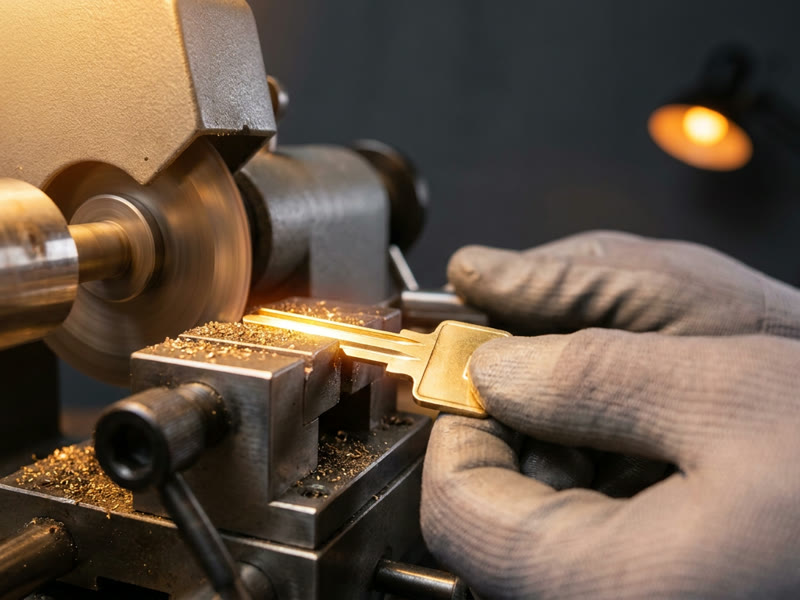 A brass car key being cut on a key-cutting machine inside the van