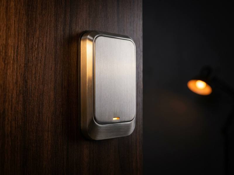 A smart deadbolt with a blank brushed steel touch panel on a dark door, one indicator light glowing