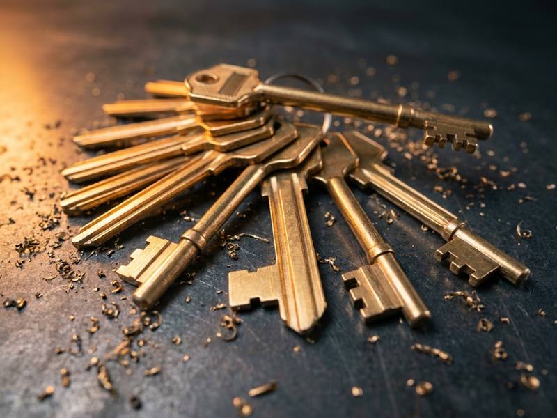 A fan of brass door keys spread across dark steel with one longer master key laid across them