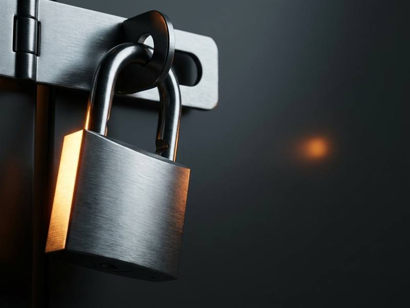 A heavy padlock hanging on a thick steel gate hasp