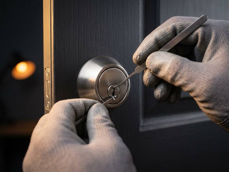 Gloved hands easing a pick and a tension wrench into the cylinder of a deadbolt on a dark door