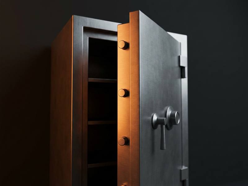 The edge of an open safe door with its thick steel locking bolts thrown out, opened without damage