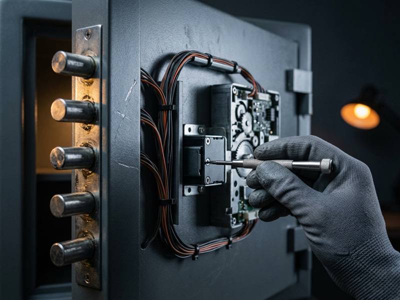 The inside of a safe door with the lock body and circuit board exposed and the steel locking bolts along the edge