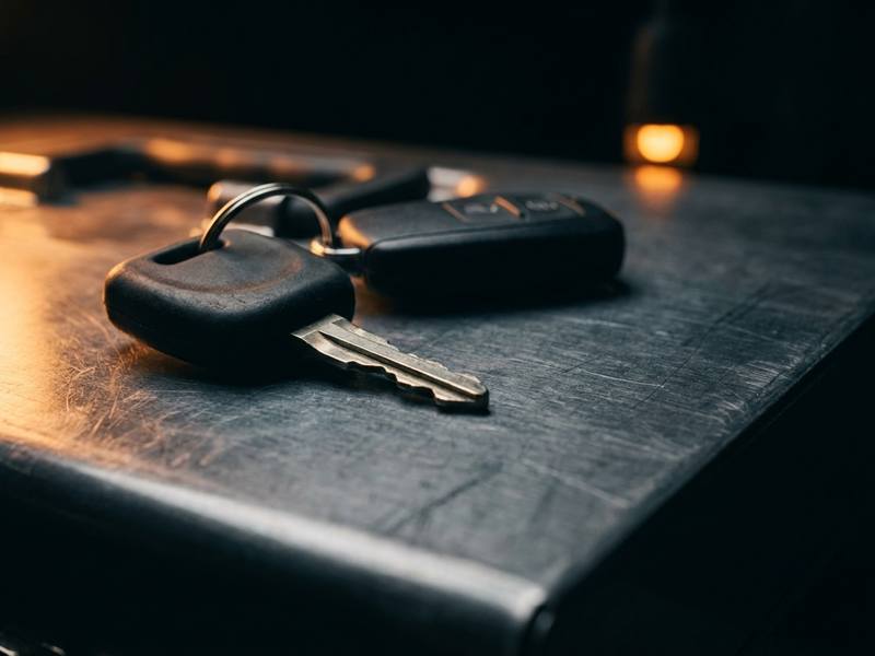 A heavy equipment key with a thick rubber head lying beside its fob on a steel toolbox lid